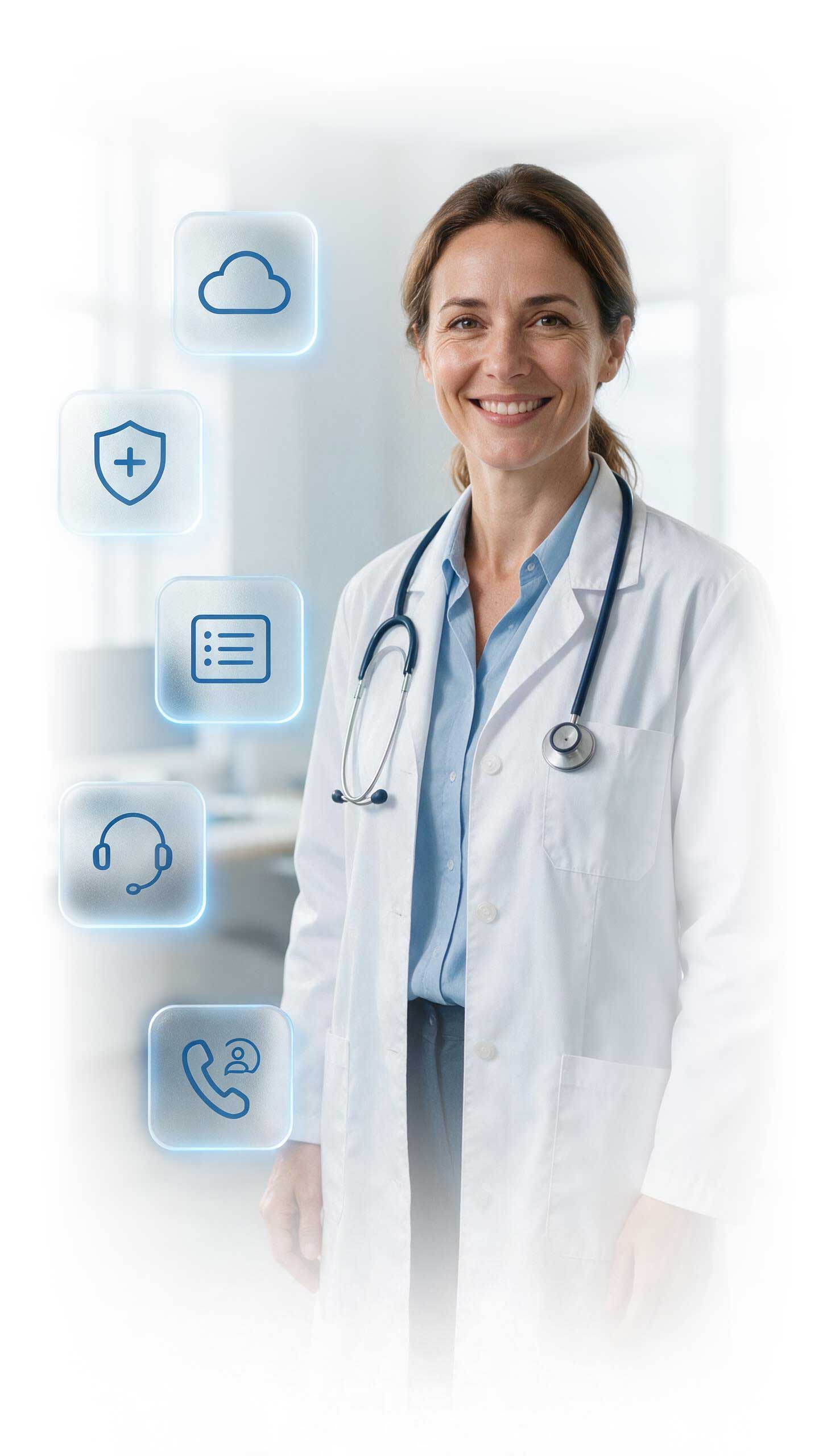 Medic zâmbind într-un cabinet modern, cu pictograme din sticlă mată reprezentând tehnologia cloud, securitatea datelor, interfața intuitivă, suportul dedicat și implicarea pacientului — cele 5 motive pentru care Evolvo este alegerea potrivită.