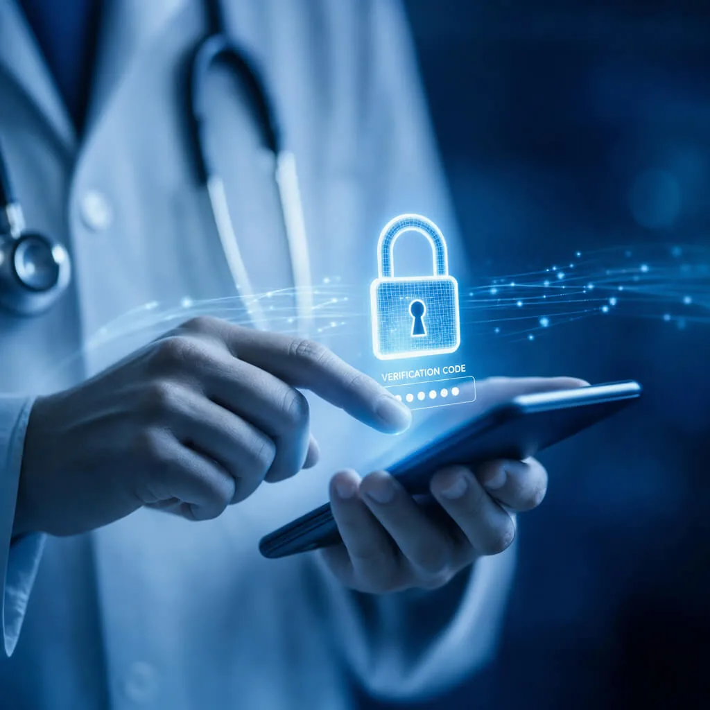 Medic introducând un cod de verificare pe telefon, cu o iconiță de lacăt digital, ilustrând autentificarea în doi pași pentru securizarea contului Evolvo.